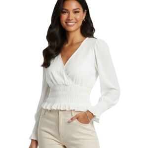 Wayf Delancy White Faux Wrap Ruched Waist Top Ruffled Hem V-neck Blouson Sleeves